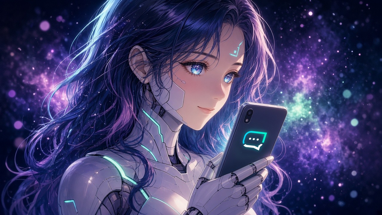 Anime android girl with violet hair holding a phone that shows the Nodefy logo, floating in space