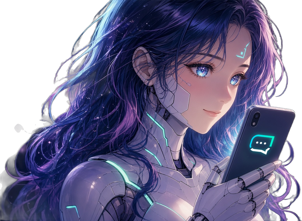 Anime android girl with violet hair smiling at a phone that shows the Nodefy logo